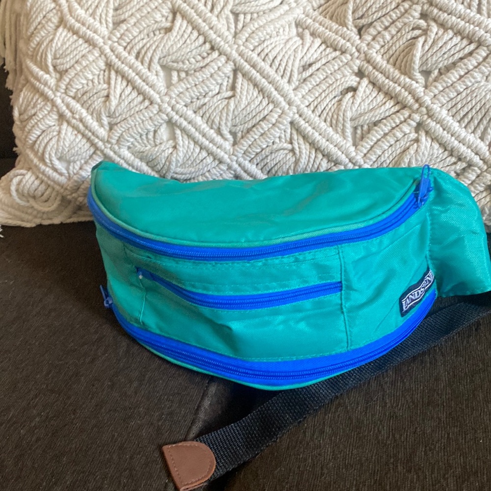 VINTAGE LANDS END RETRO TEAL EMBROIDERED ZIP POCKET FANNY PACK ADJUSTABLE UNISEX